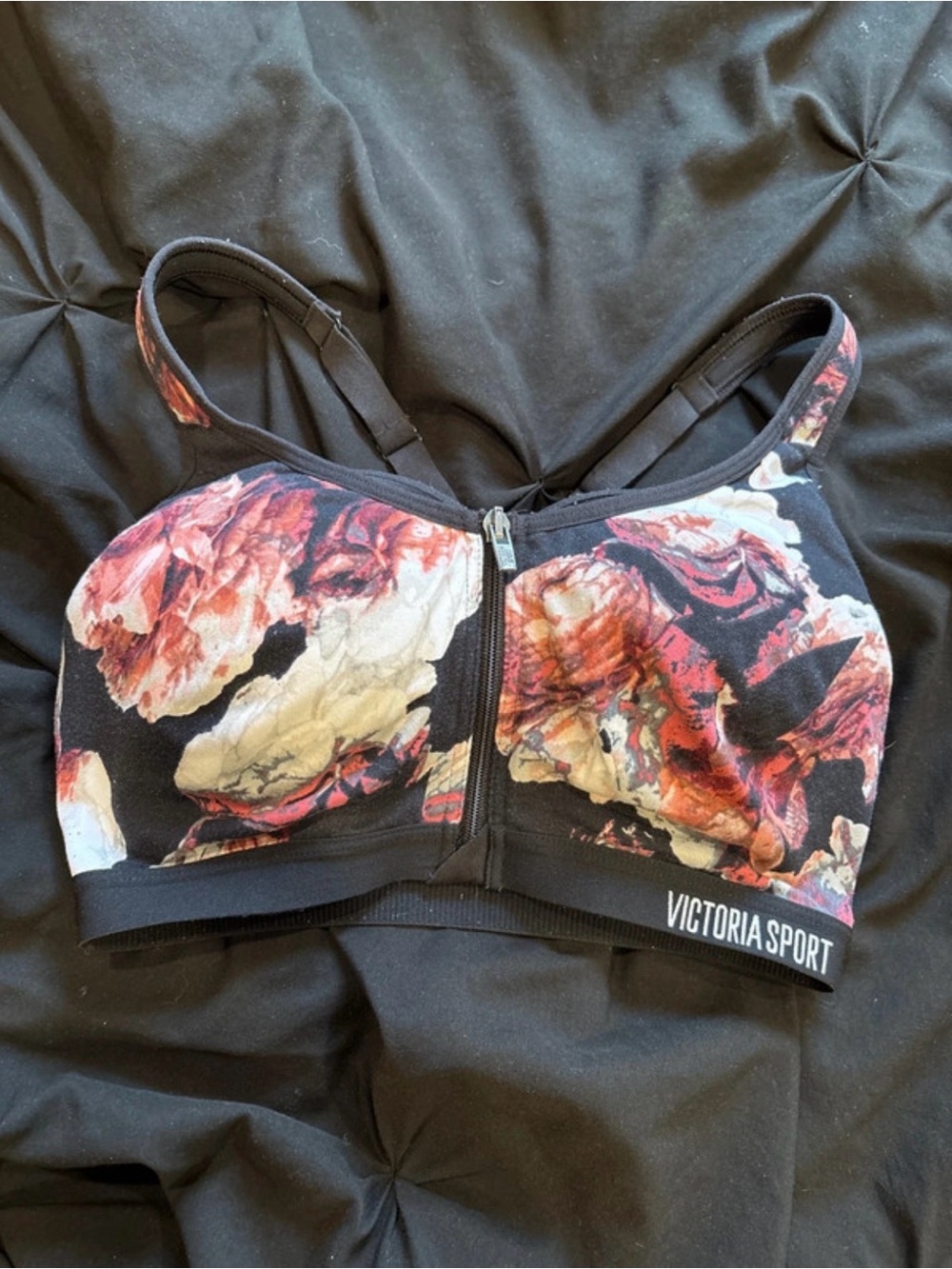 Floral Front-Zip Sports Bra - Black with Pink & Cream Floral